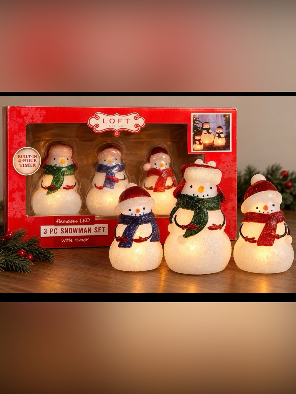 LOFT 3-Piece LED Snowman Set - White with Red, Green & Blue Accents